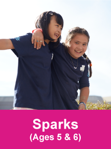 Two Spark-aged girls in uniforms huging in the outdoors